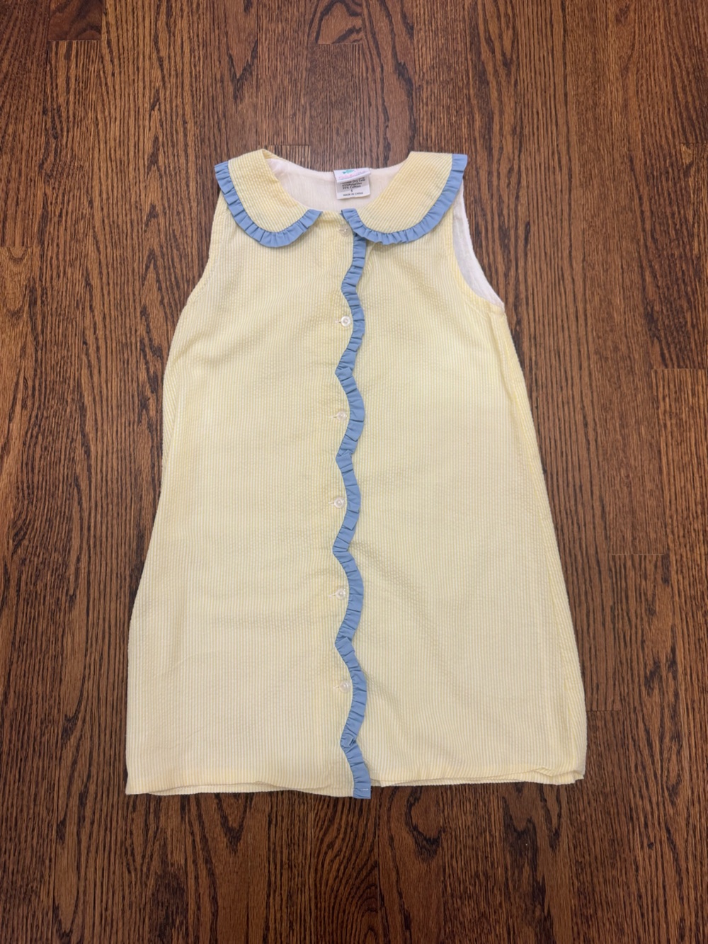 Yellow Ruffle-Trim Sleeveless Dress with Blue Accents - Kids